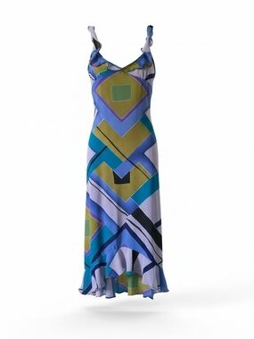Millenium Geometric Abstract Print Ruffle Hem Midi Dress Medium